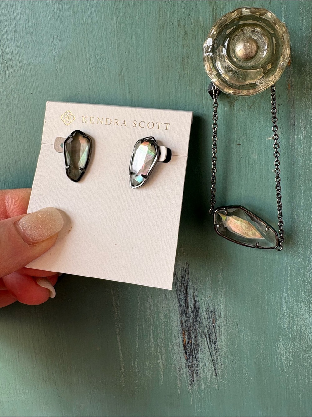 Kendra Scott Camryn Earrings & Campbell Bracelet Gunmetal Black Mother of Pearl